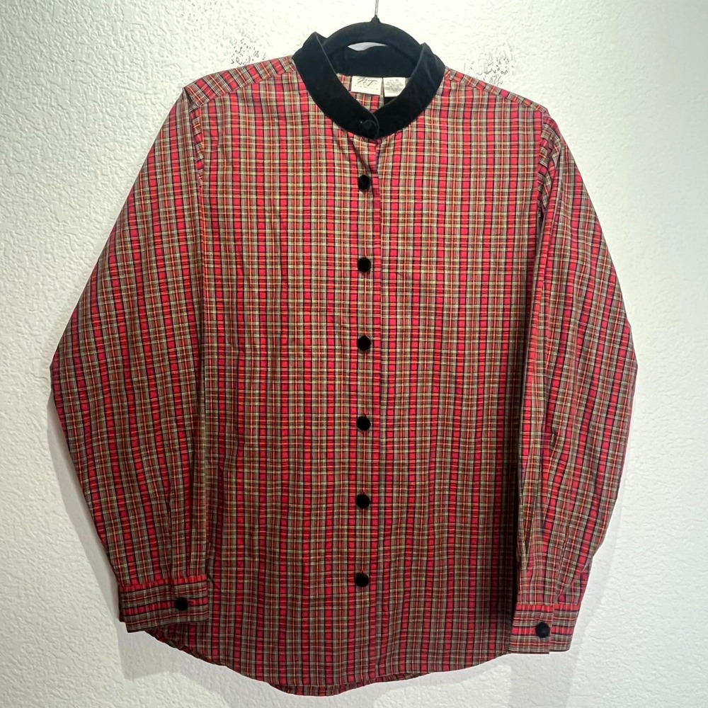 Norm Thompson Shirt Women 12 Red Multi Tartan Plaid Velvet Trim Button Front Top